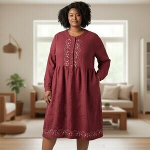 Vintage 90s Burgundy Red Floral Embroidered Long Sleeve Midi Dress Size 22